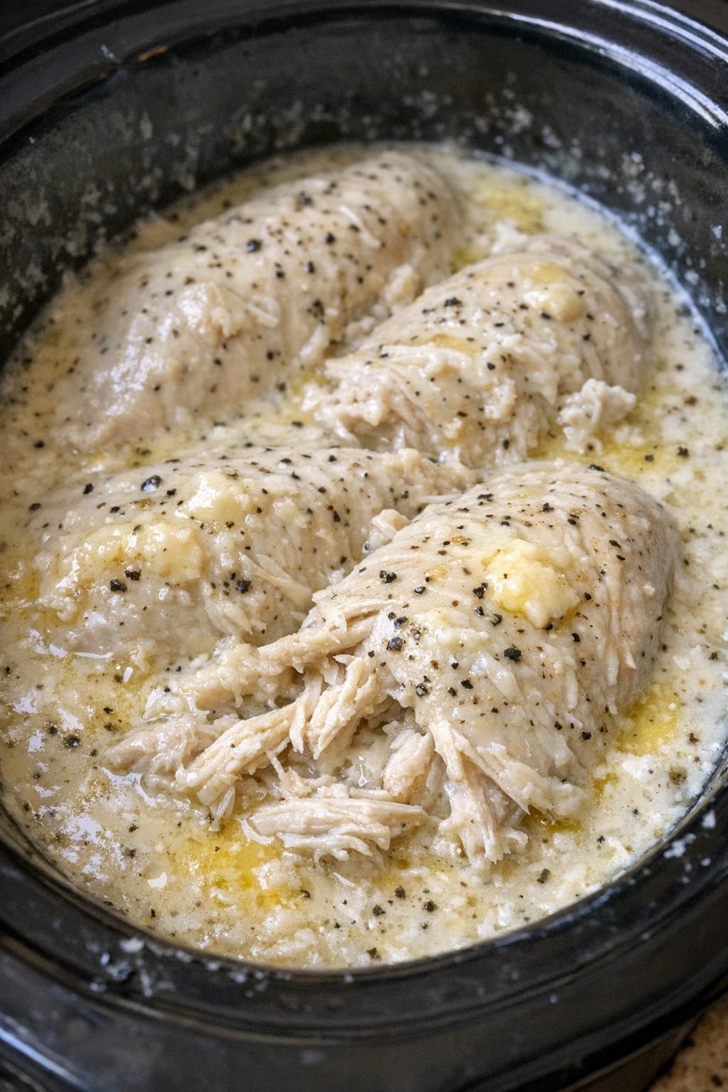 Slow cooker buttermilk chicken in a black slow cooker