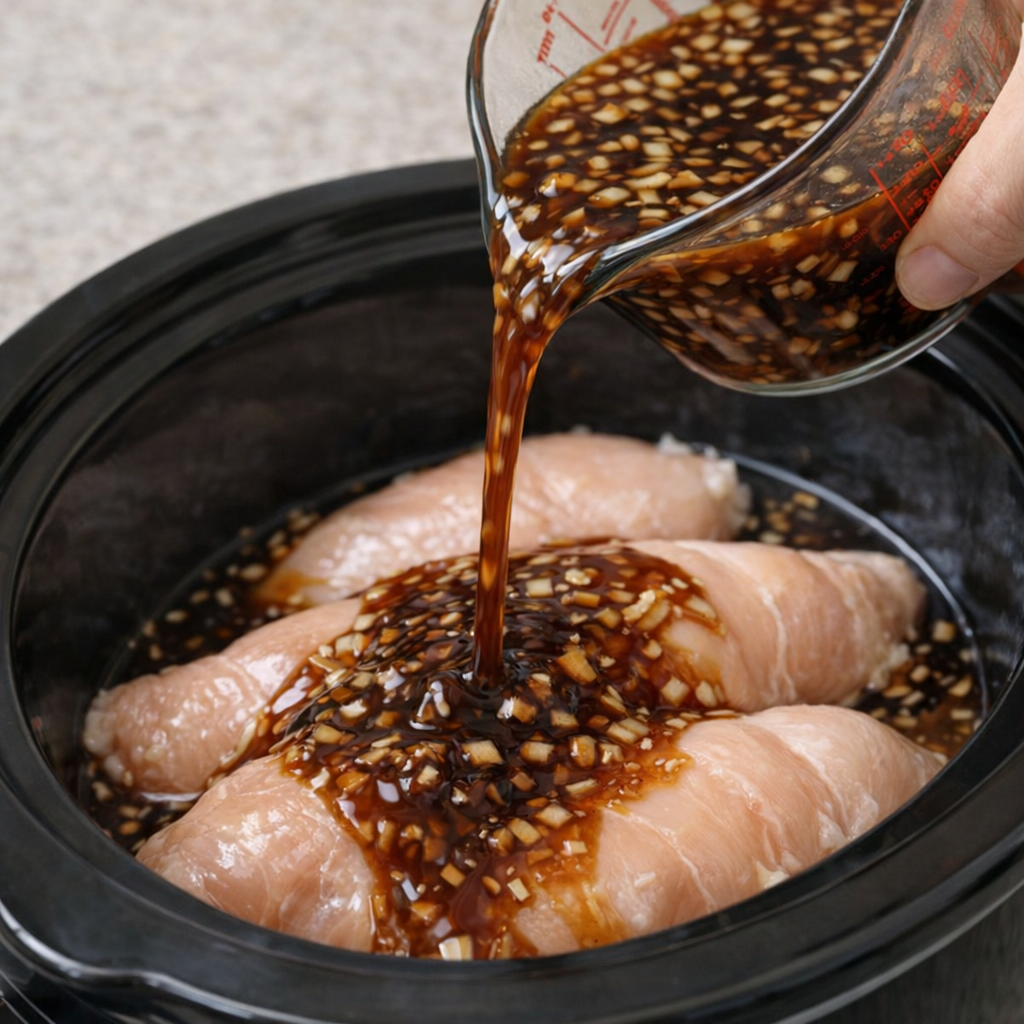 Teriyaki sauce mixture being poured over chicken in the slow cooker