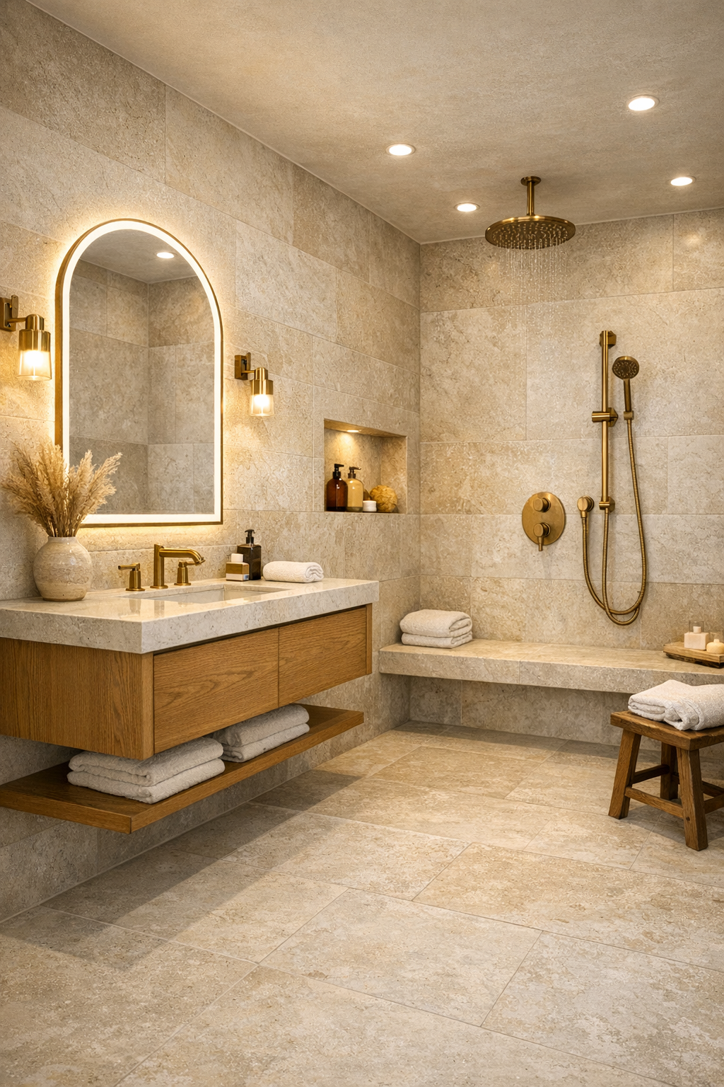 Spa-like barrier-free bathroom with curbless shower and floating oak vanity