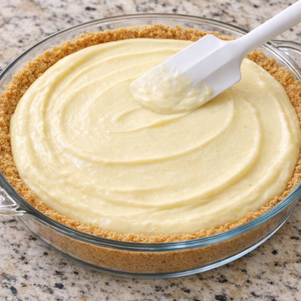 Creamy lemonade filling spread into a graham cracker crust