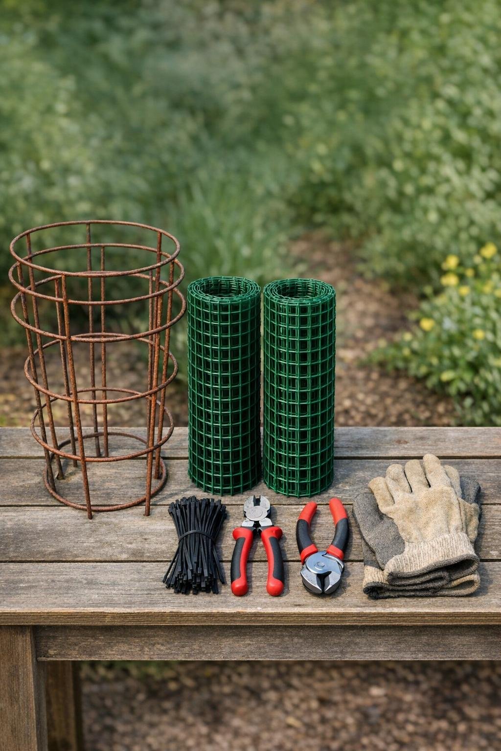 Materials for a tomato cage critter cover laid out together