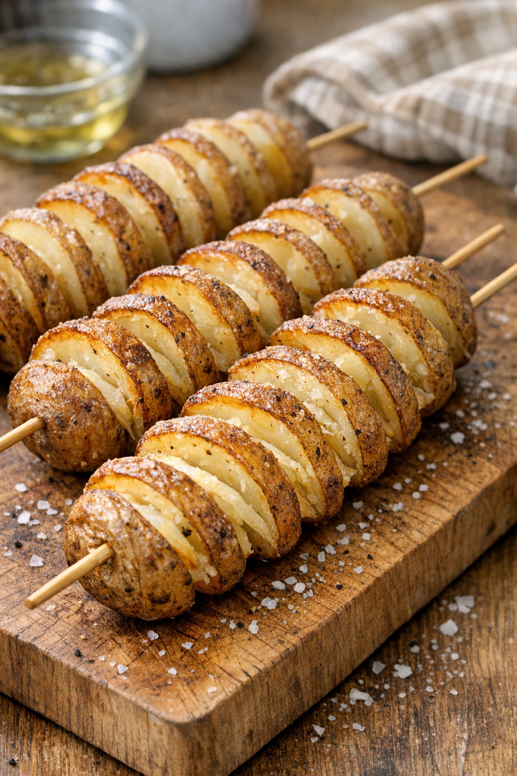 Potatoes cut into spirals on skewers