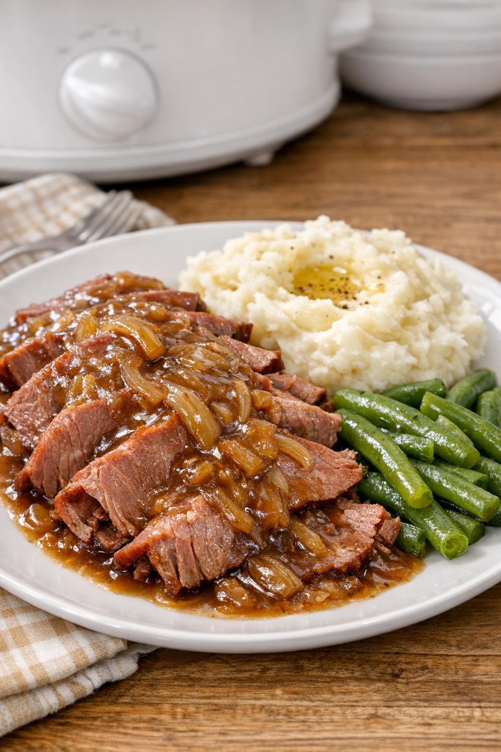 Finished French onion corned beef plated with rich onion gravy