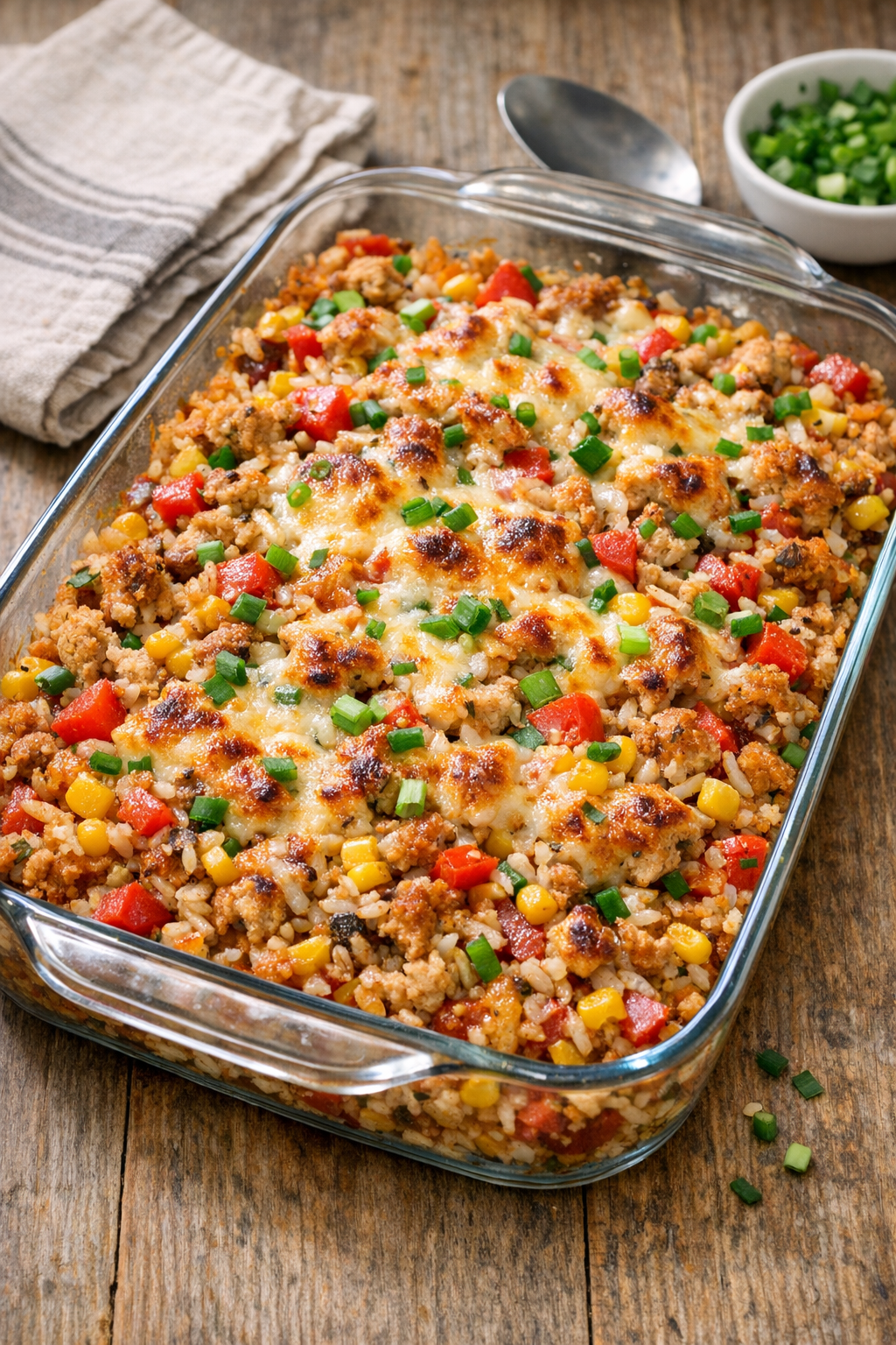 Finished baked ground chicken casserole in a glass dish