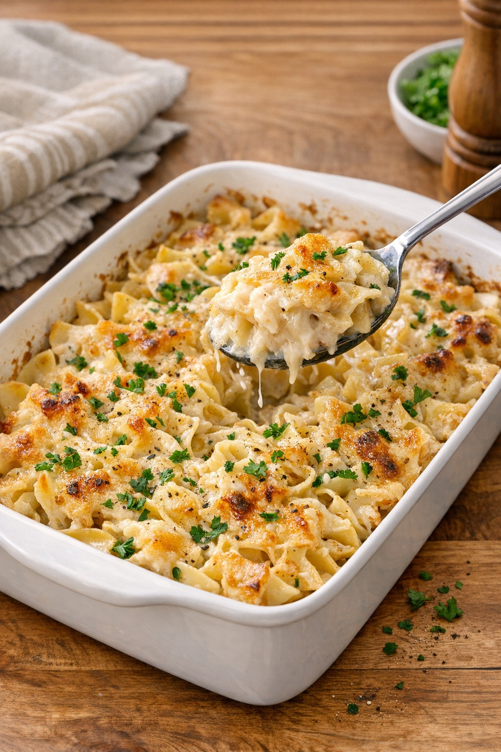 Finished baked roasted onion dip noodles in a casserole dish