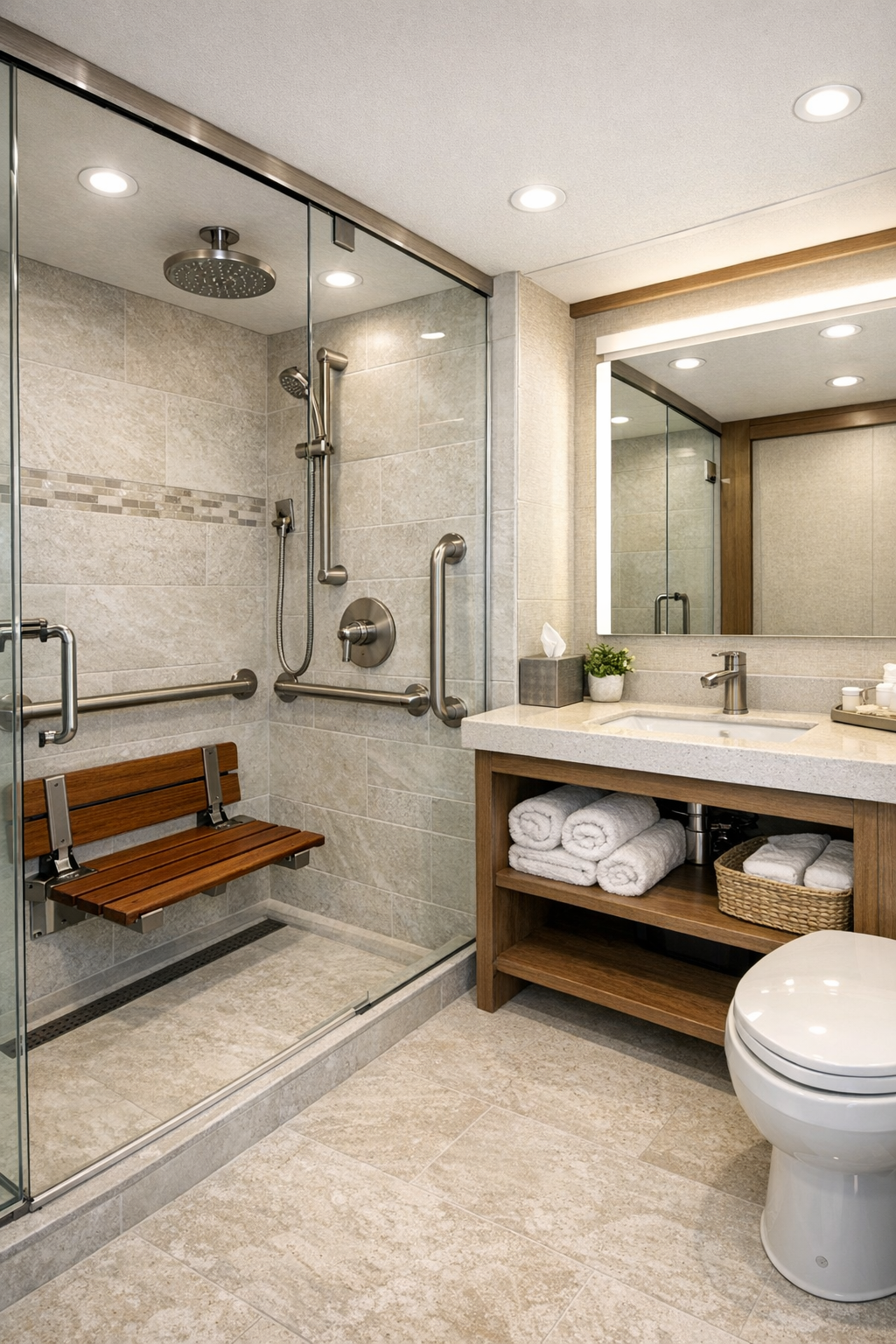 Accessible RV bathroom with roll-in shower, teak seat, and open vanity