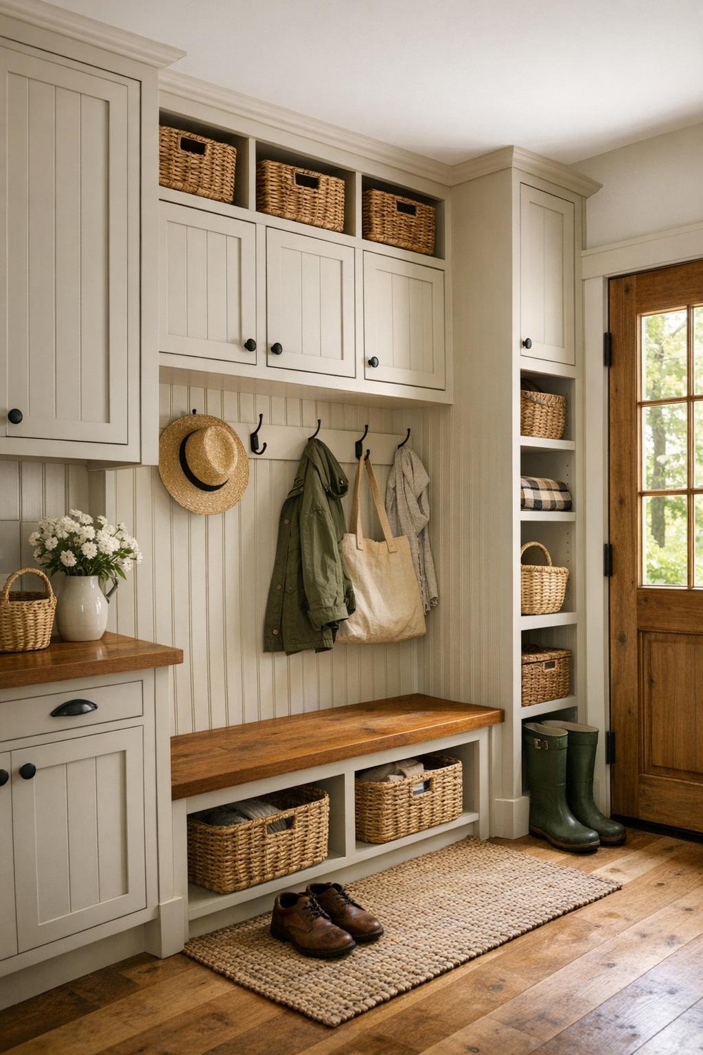 Smart tiny home storage area with built-ins, hooks, and a compact bench by the entry