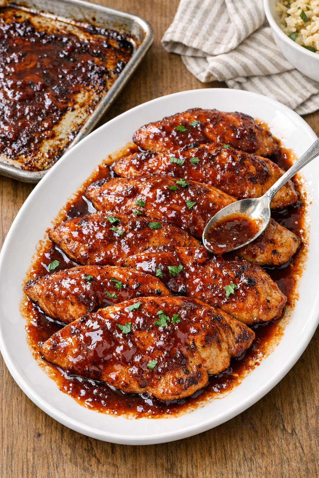 Finished glazed oven chicken cutlets on a platter