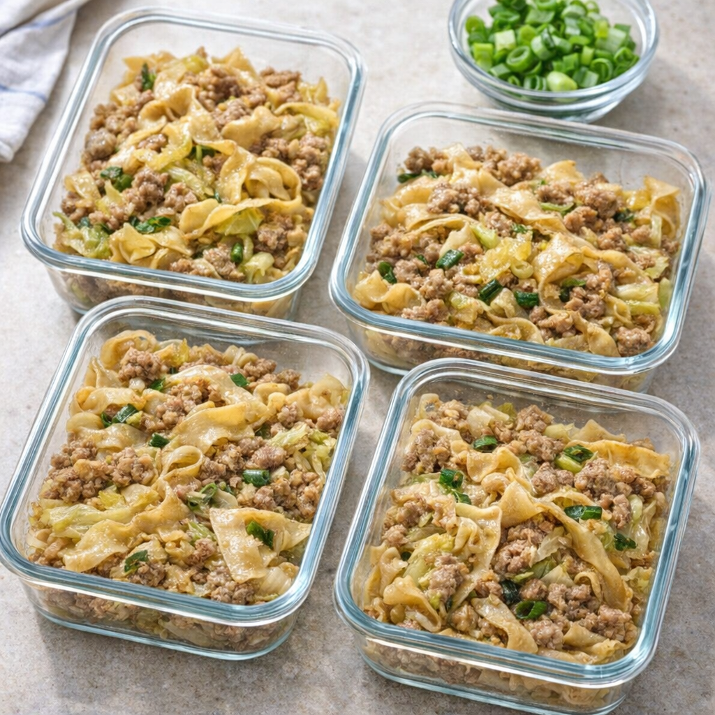 Meal prep containers filled with egg roll pasta