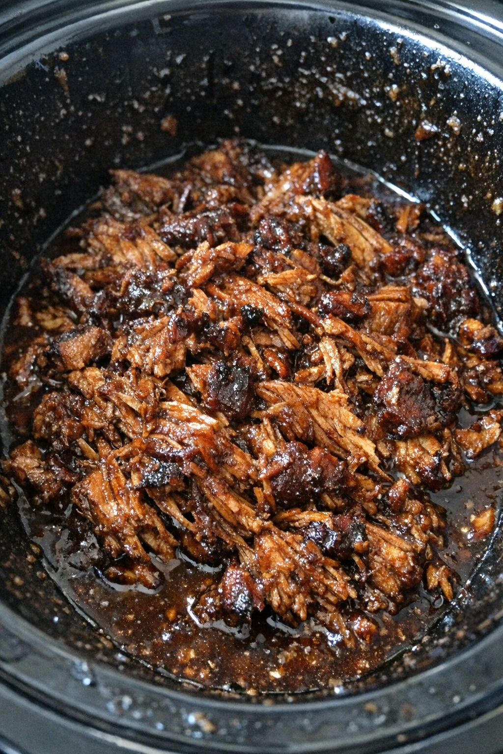 Slow cooker shredded pork in mahogany glaze