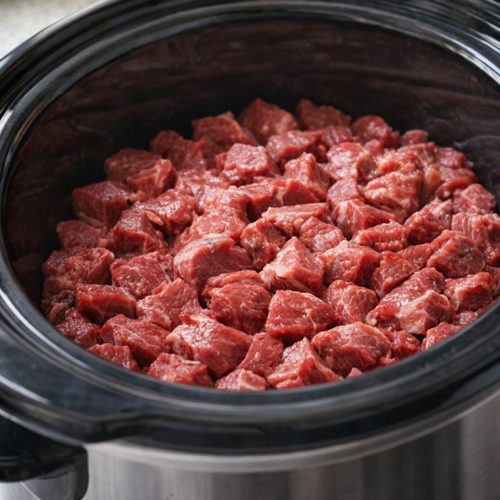 Beef stew meat arranged in a slow cooker