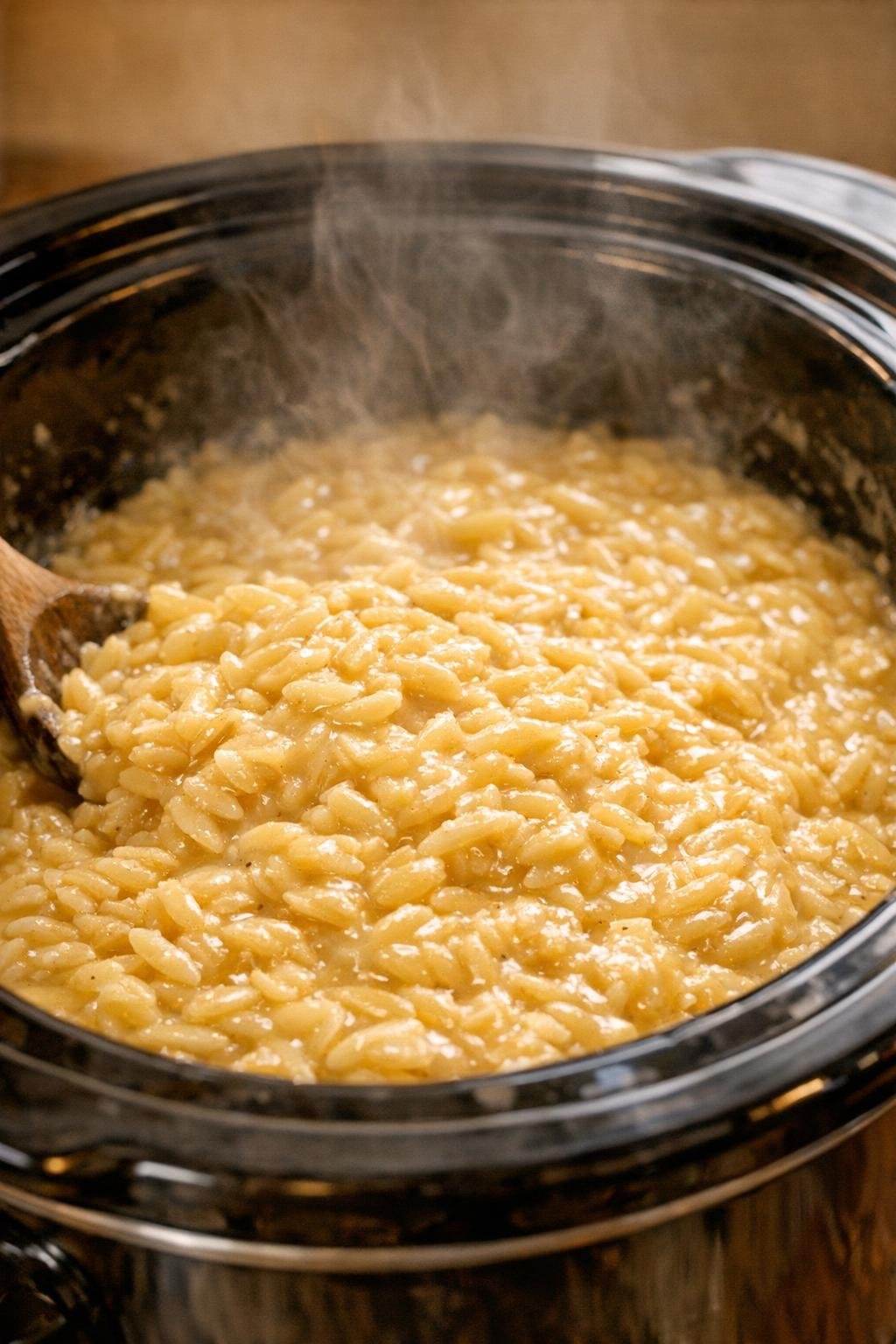 Romige orzo gekookt in een slowcooker