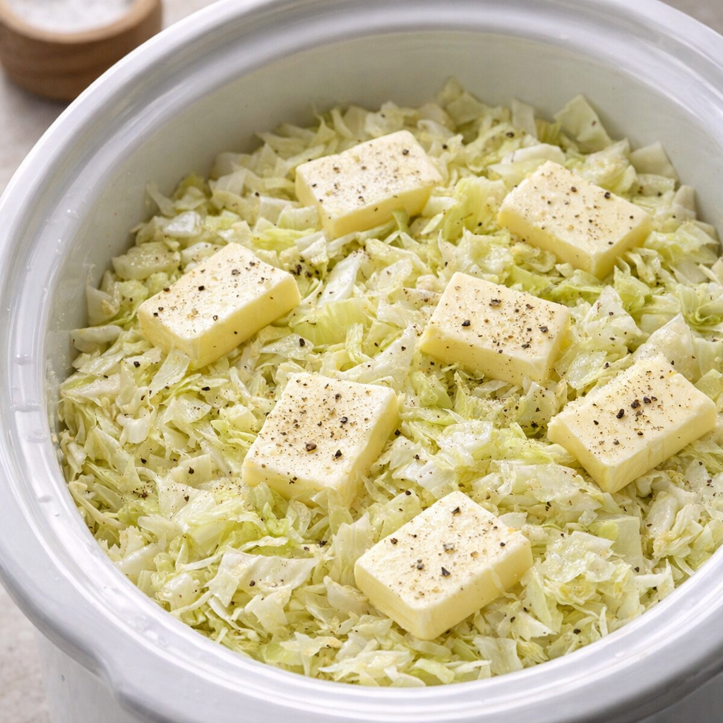 Cabbage and butter layered in a slow cooker