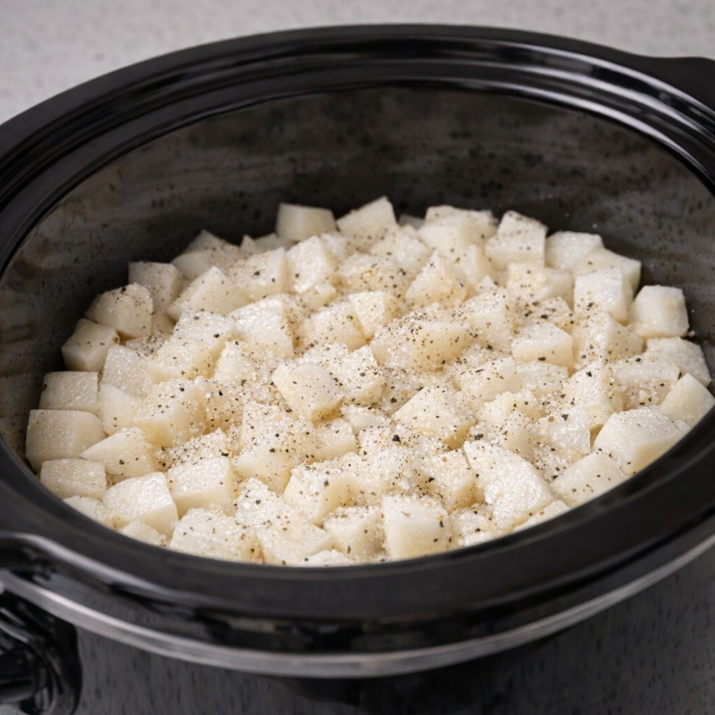 In blokjes gesneden aardappelen gekruid in een slowcooker