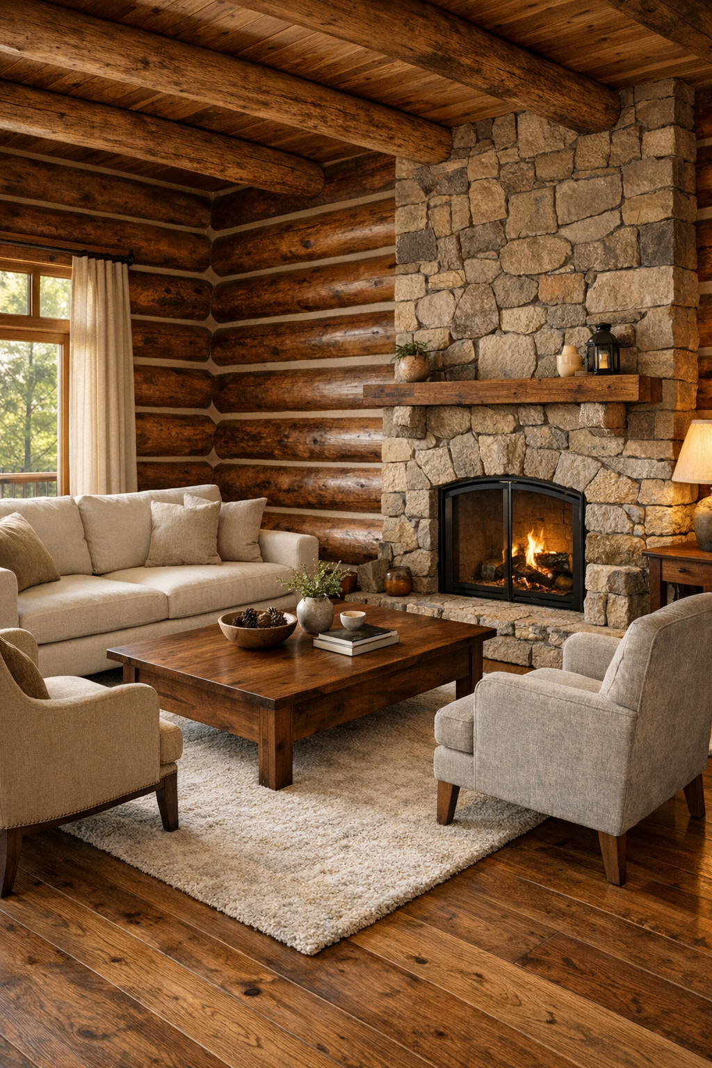 Warm log home living room with black walnut walls, light seating, and a stone fireplace