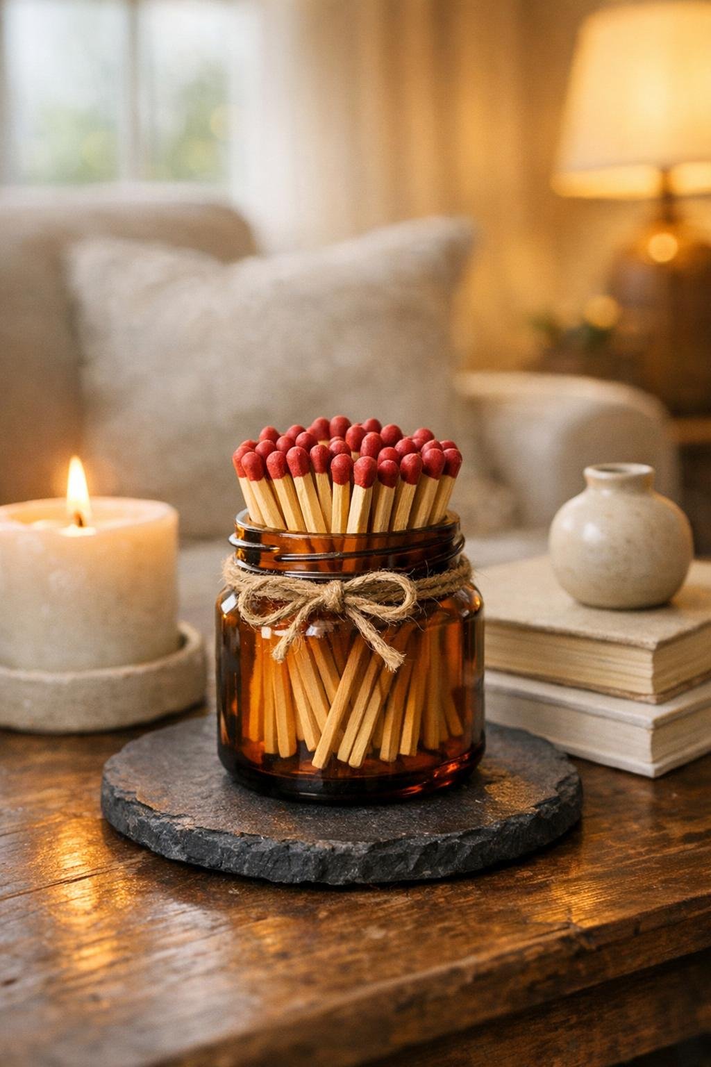 Finished DIY amber jar match holder on a round slate coaster in a living room