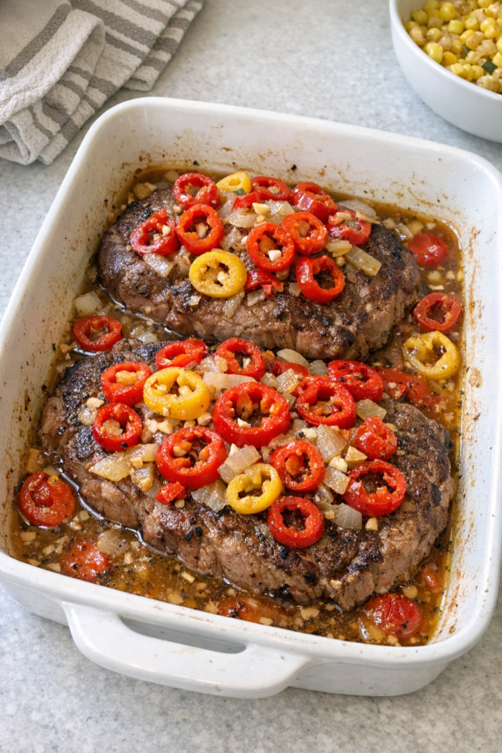 Finished baked ribeye steak with cherry pepper rings in a casserole dish