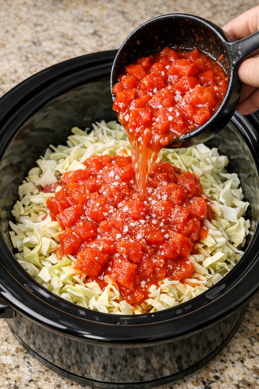 Diced tomatoes poured over cabbage in the slow cooker before cooking