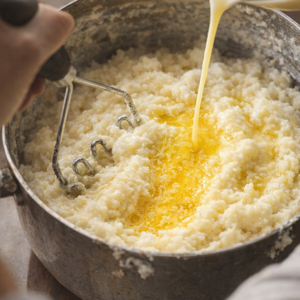 Creamy mashed potatoes being mixed in a pot