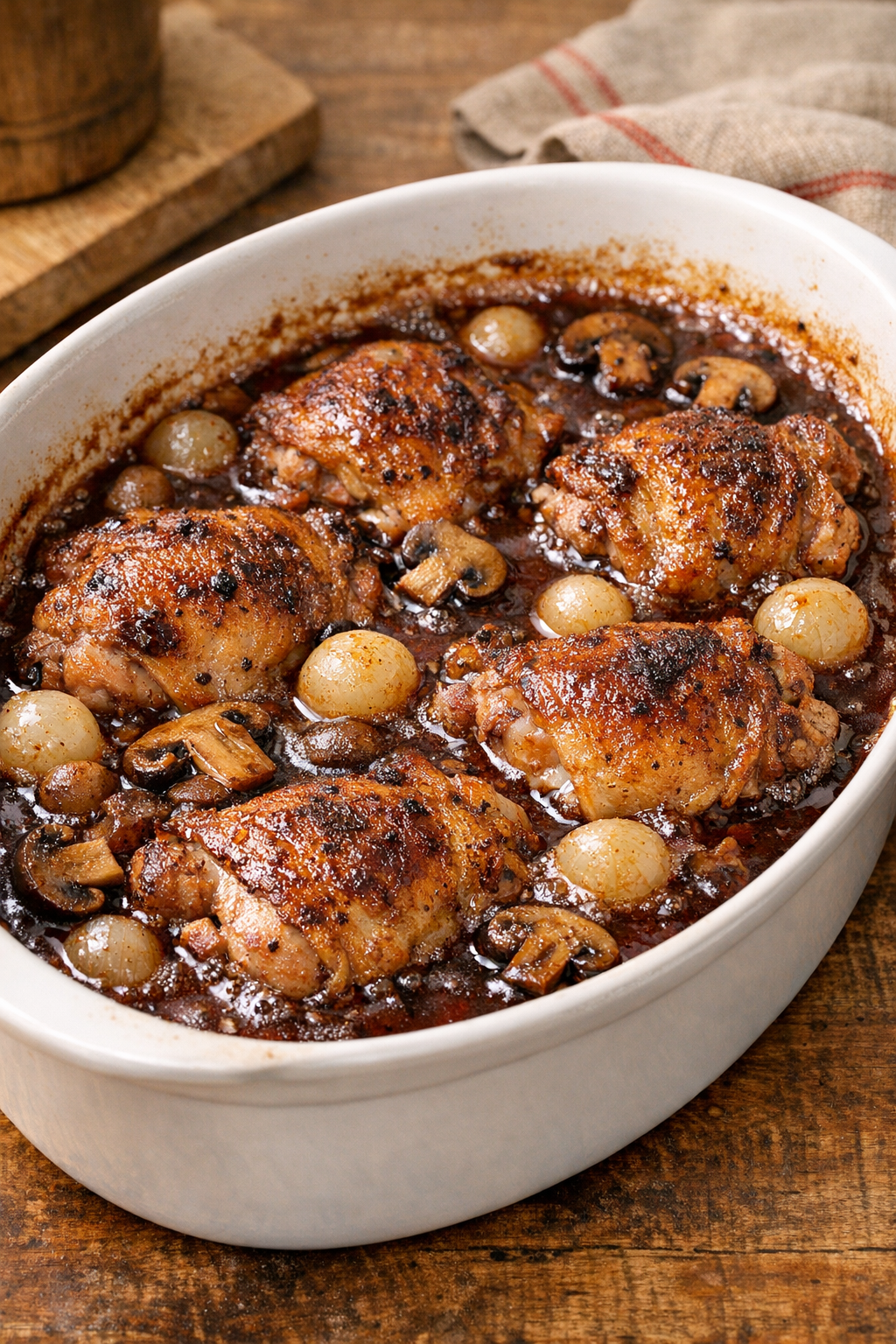 Chicken bourguignon bubbling after baking