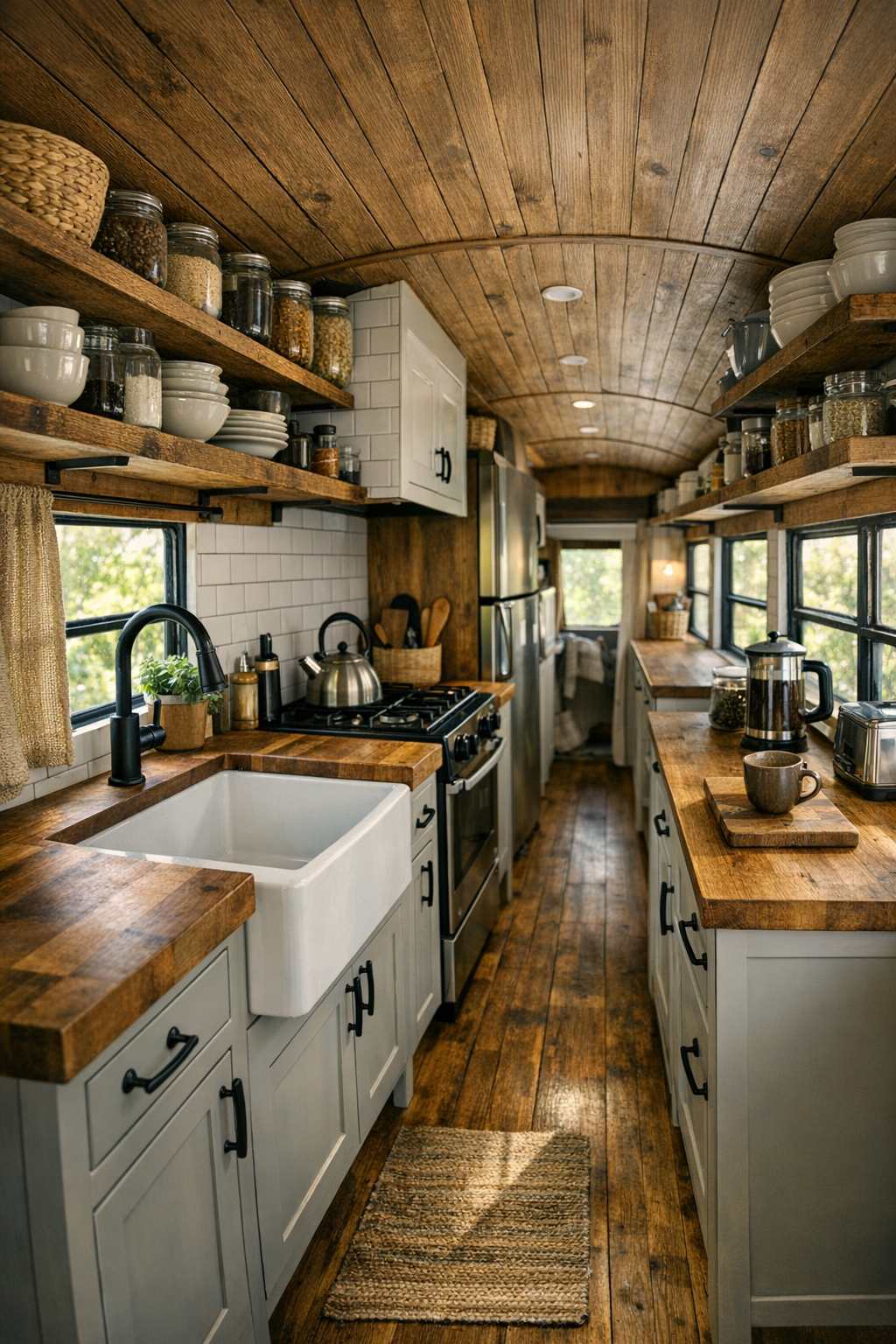 Rustic galley kitchen in a converted bus with butcher block counters and white backsplash