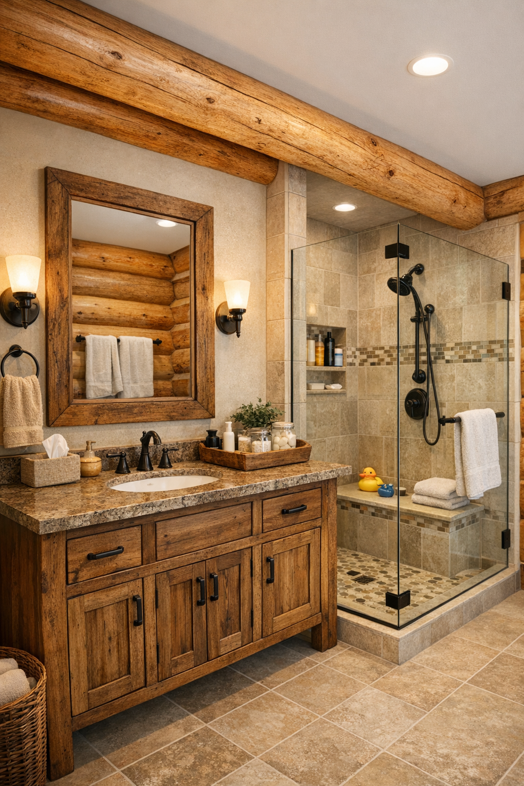 Warm rustic bathroom with a handcrafted wood vanity, stone top, and walk-in tiled shower