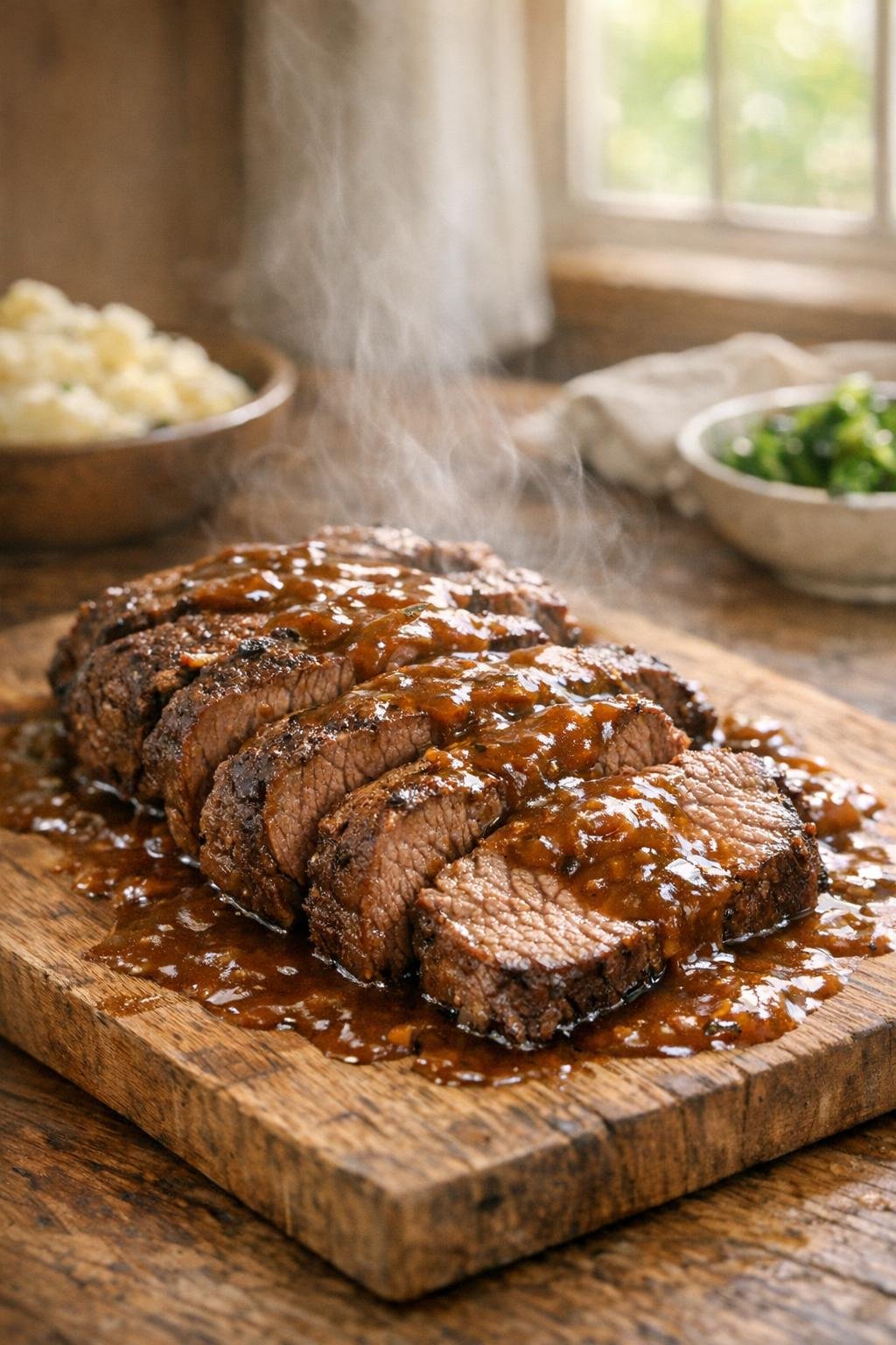 Finished plated slow cooker beef roast with gravy