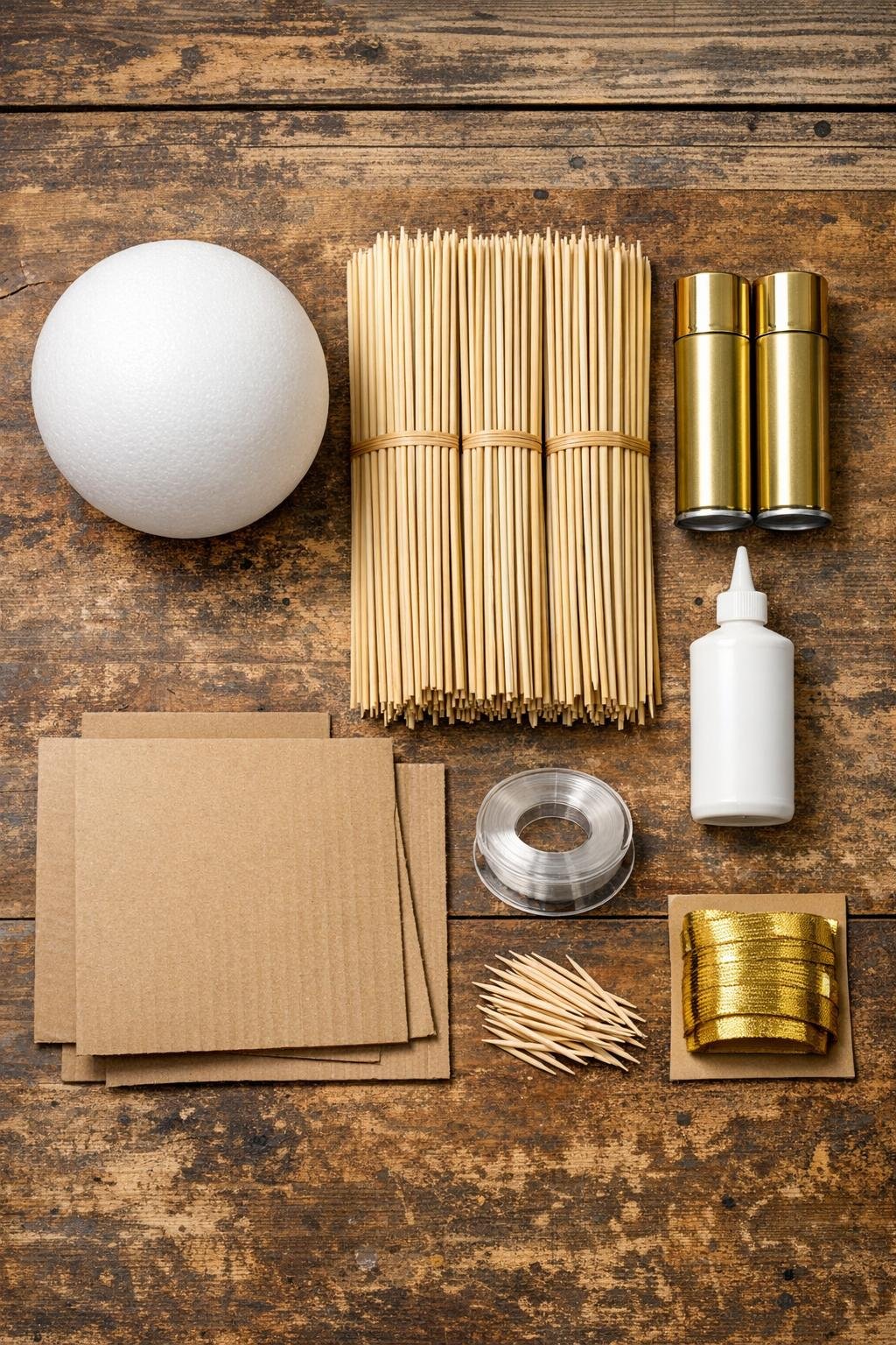 Materials laid out for a giant gold starburst porch orb