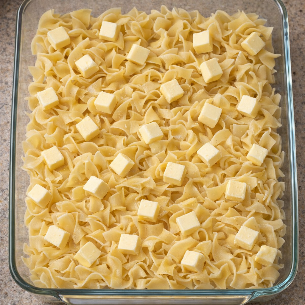 Dry egg noodles and butter pieces layered in a casserole dish
