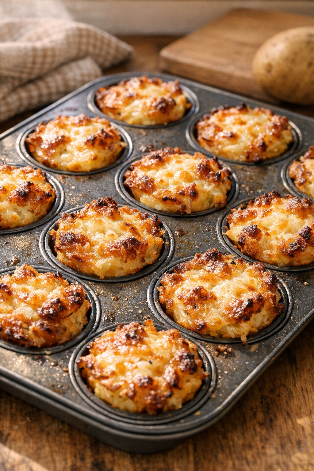 Freshly baked Swiss potato gratin bites golden and bubbling