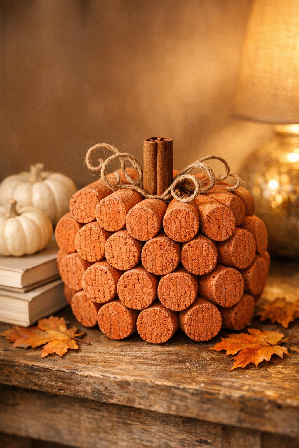 Finished wine cork pumpkin displayed in fall decor