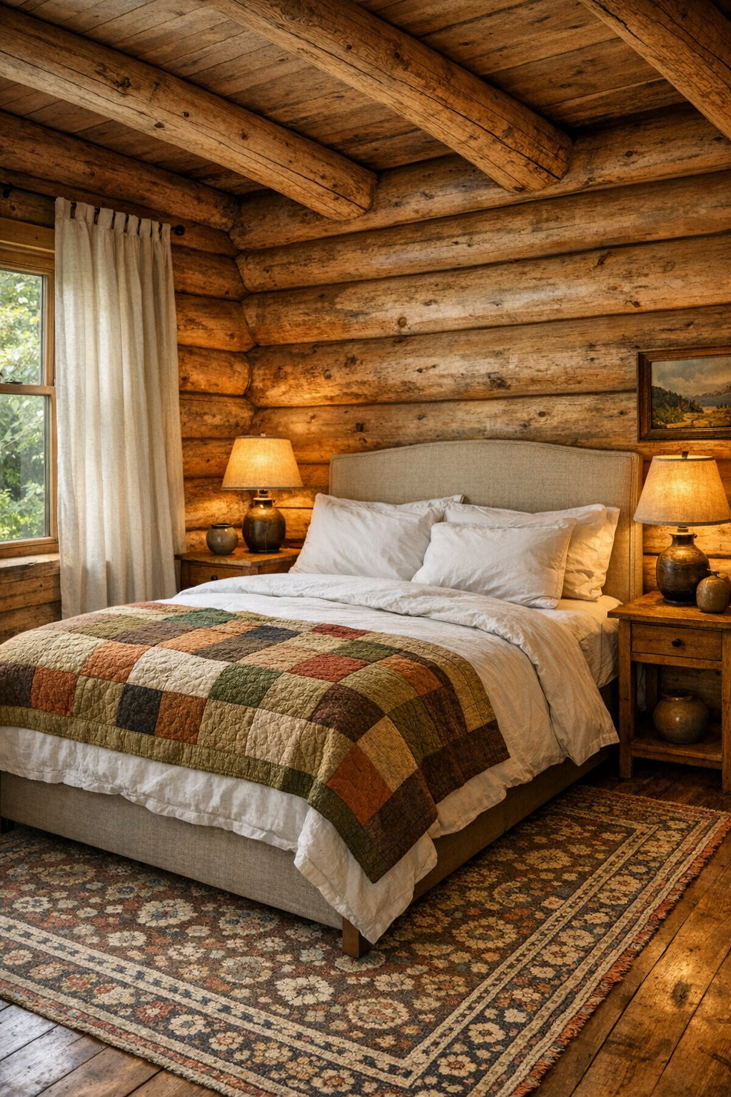 Restful cedar bedroom with layered neutral bedding and warm bedside lighting