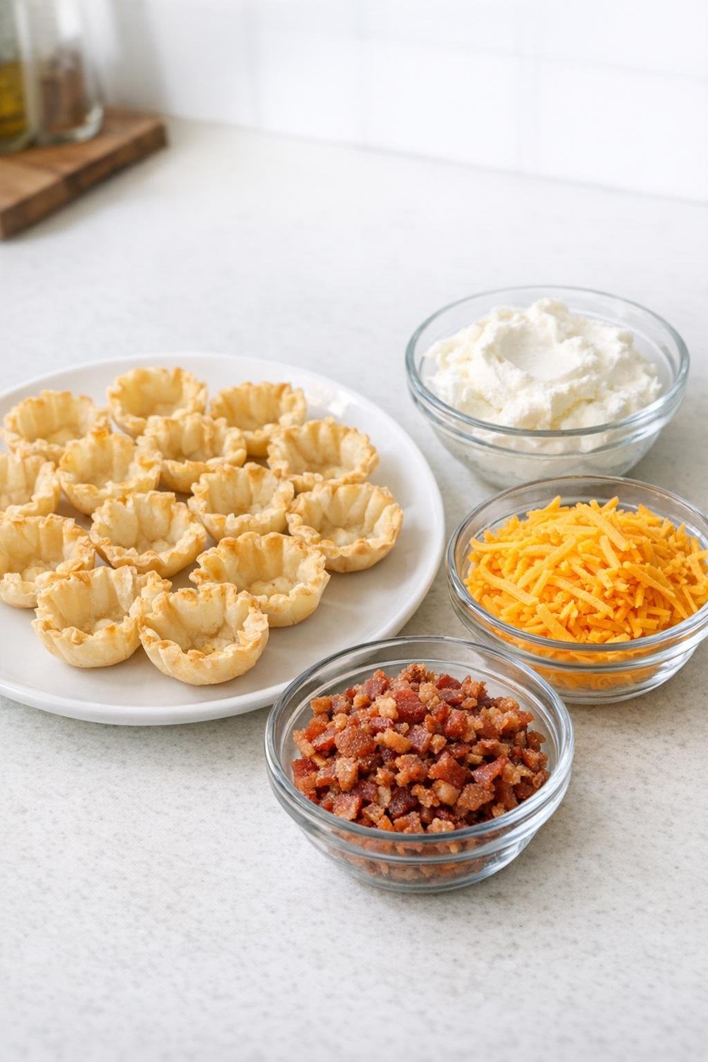Mini phyllo shells, cream cheese, bacon, and cheddar