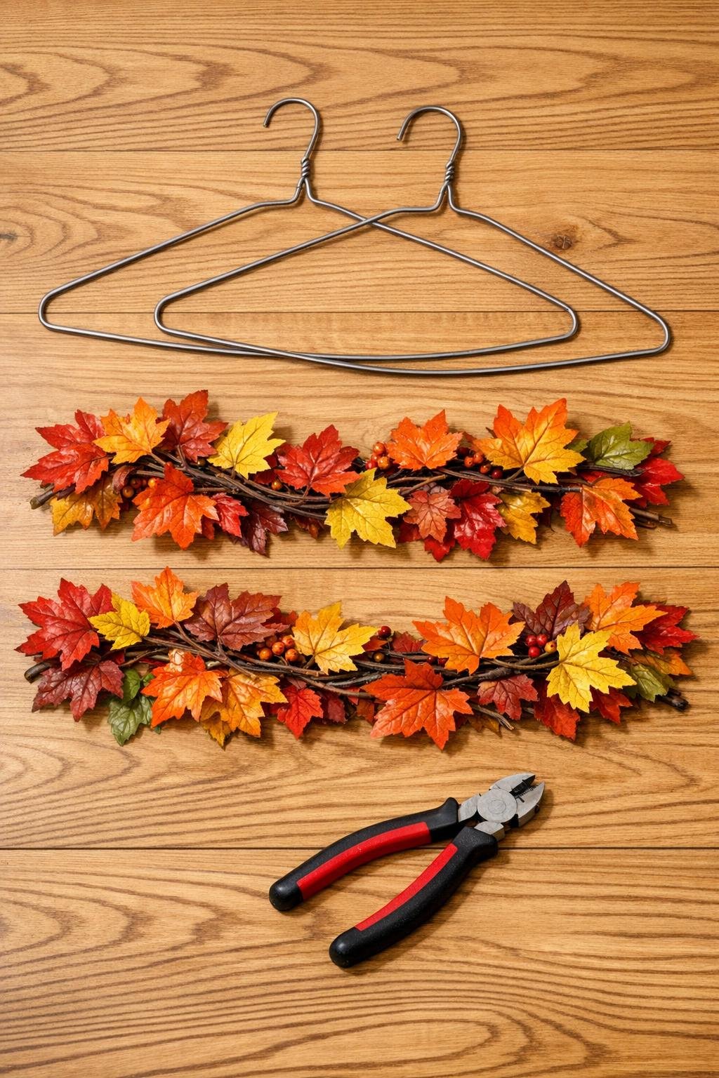 Wire coat hangers and plastic leaf garlands laid out for an autumn wreath