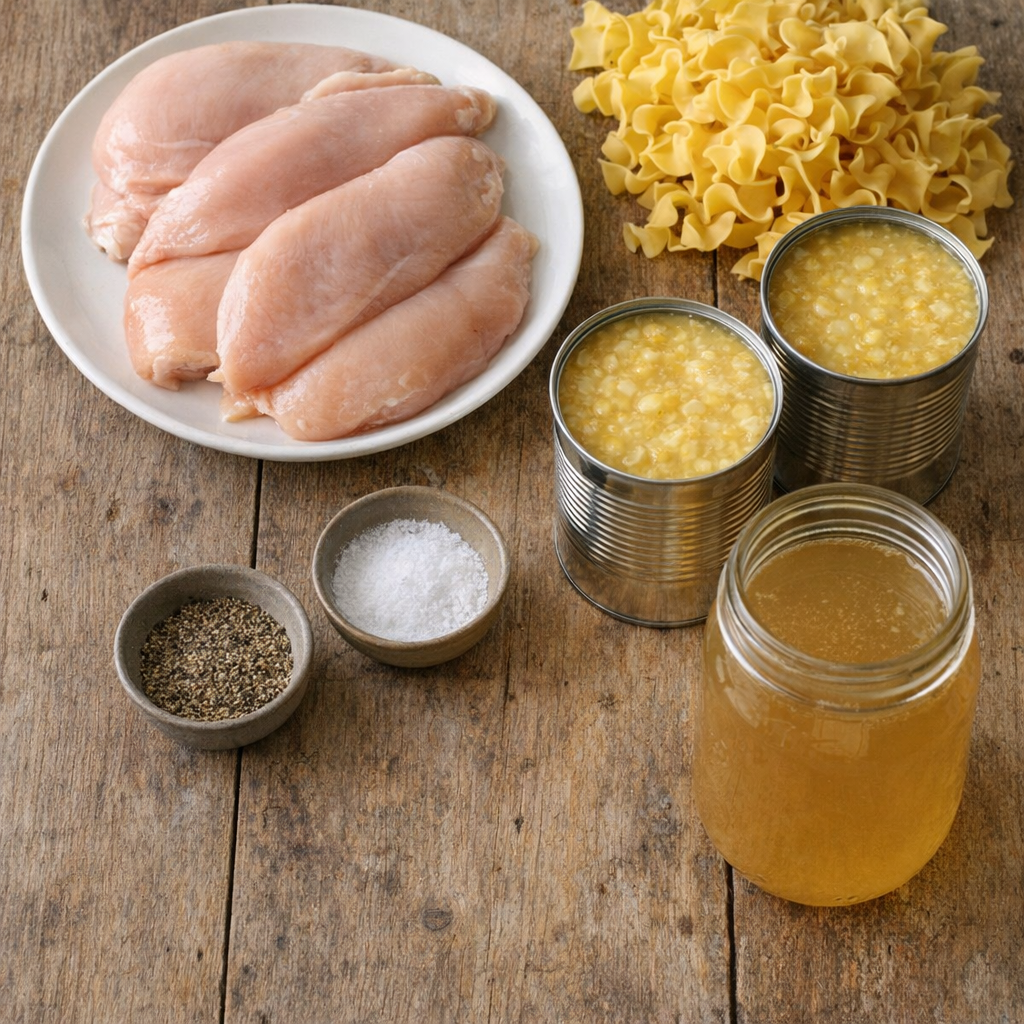 Ingredients for chicken corn noodle supper laid out on a table