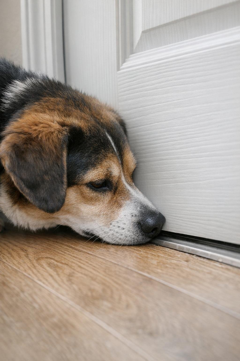 Dog sniffing near the bottom of a front door