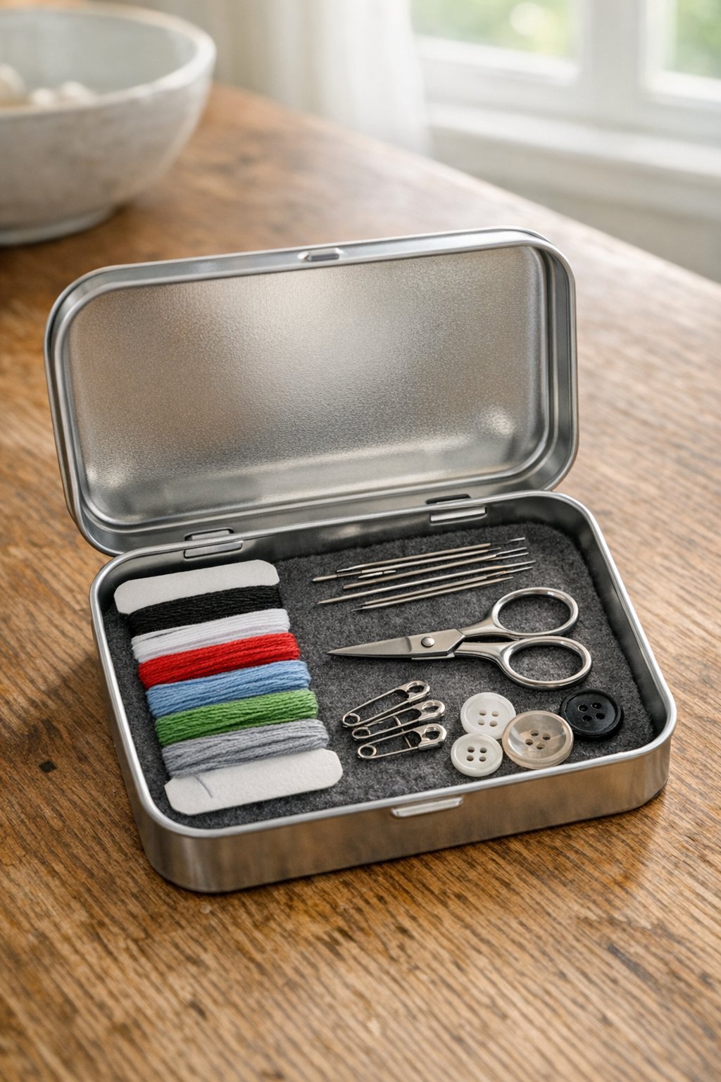 Mint tin turned into a mini sewing repair kit