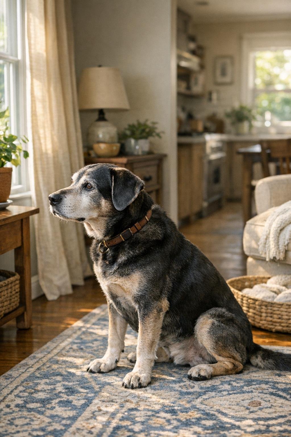 Senior dog sitting near a window listening to the room