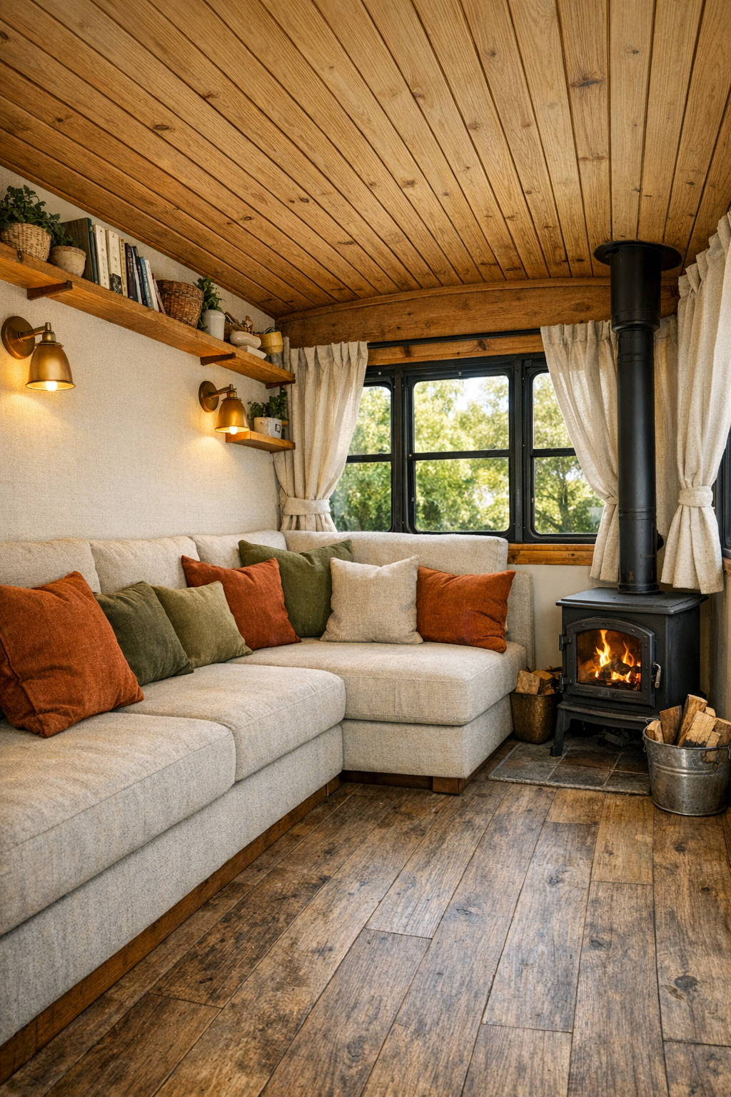 Rustic living room inside a converted bus with built-in sofa and wood ceiling