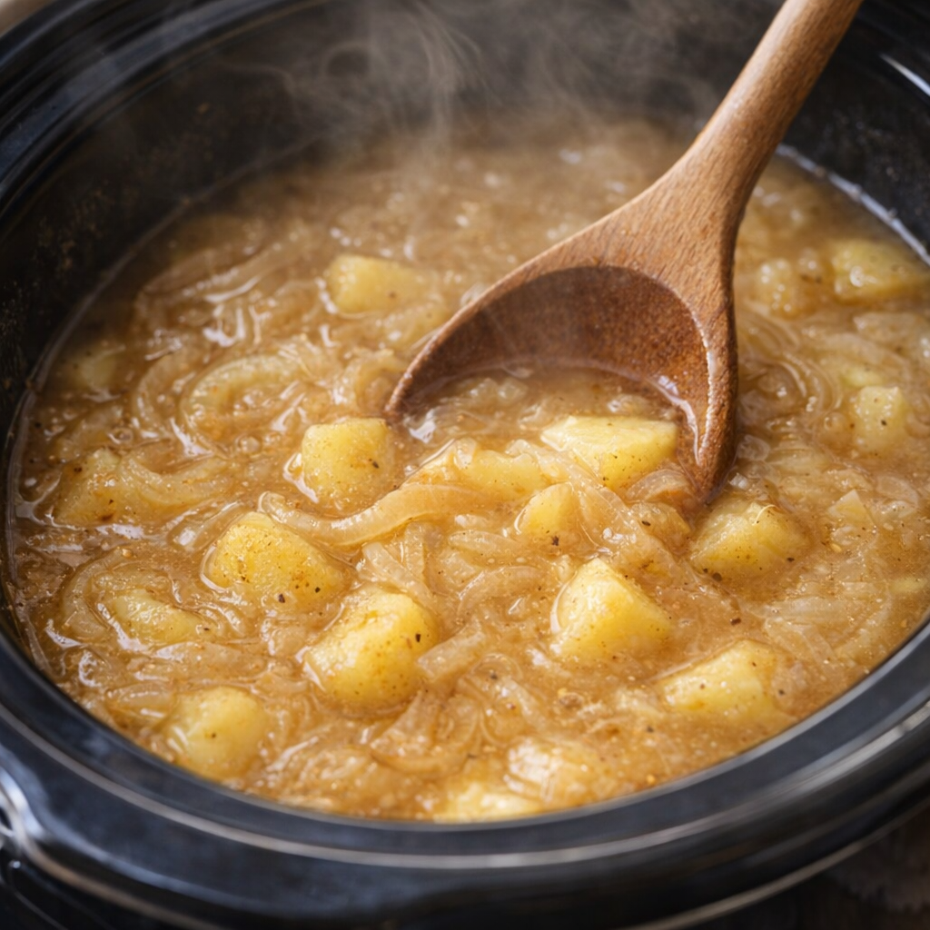 Freshly cooked onion and potato soup being stirred in the slow cooker