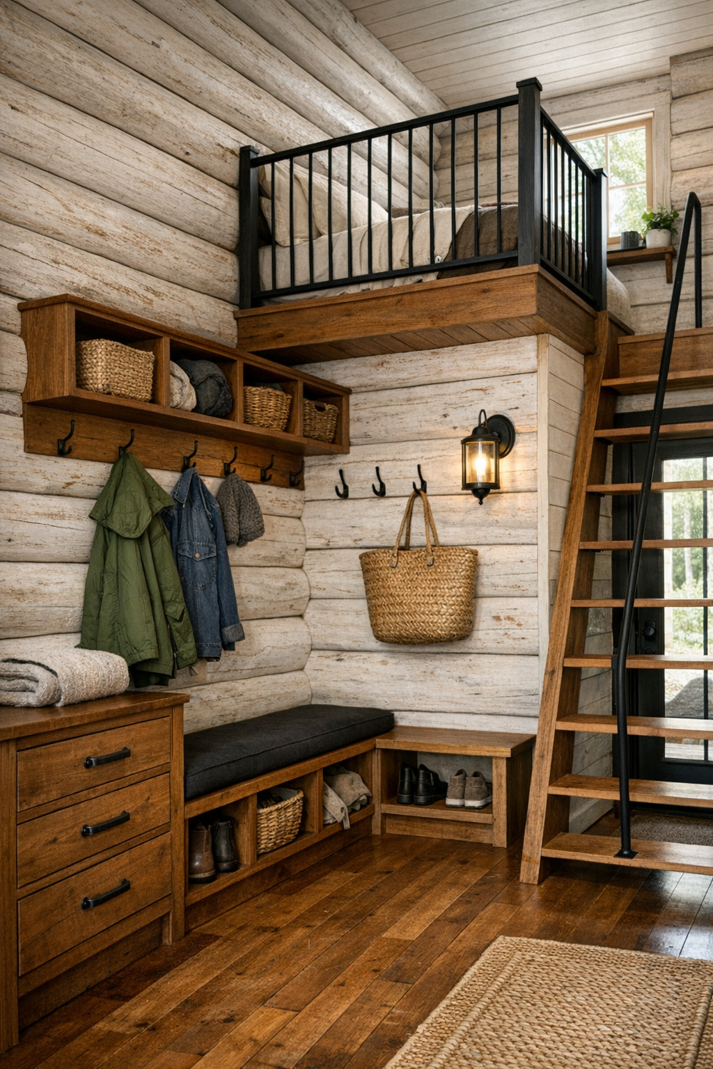 Thoughtful tiny cabin loft and storage area with built-in wood details