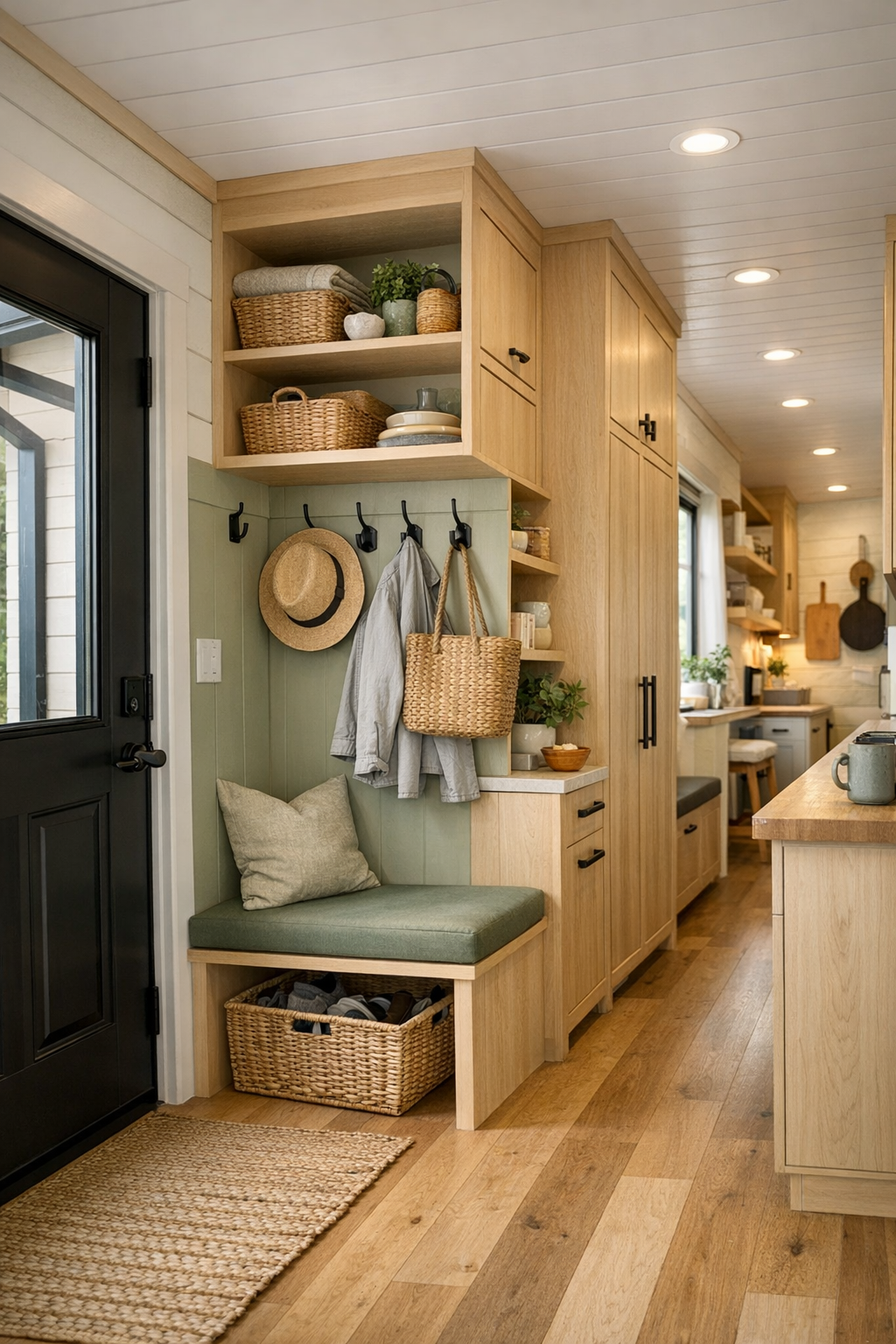 Tiny home entry and multipurpose storage area with pale wood built-ins