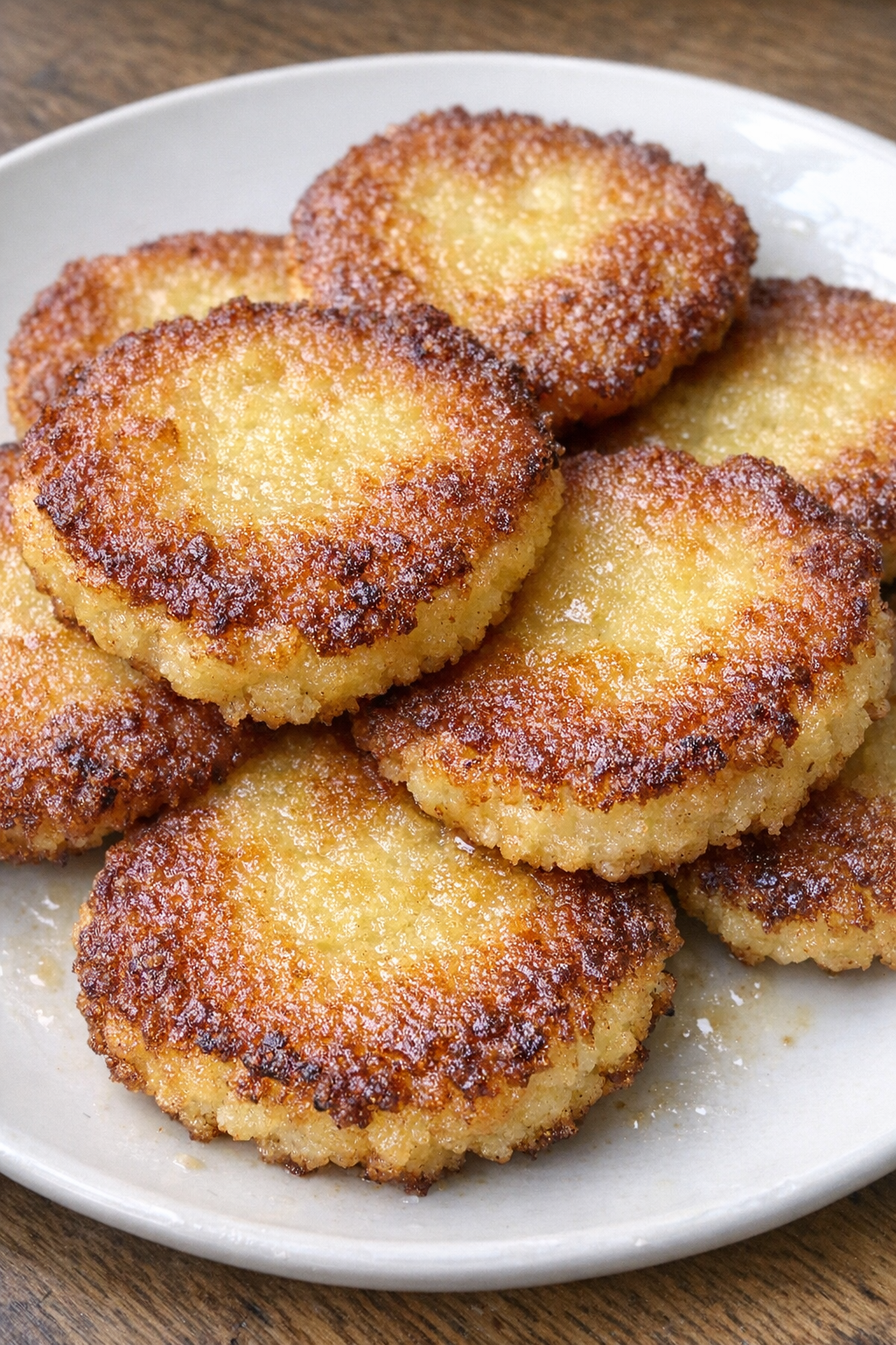 Finished fried cornmeal cakes on a white ceramic plate
