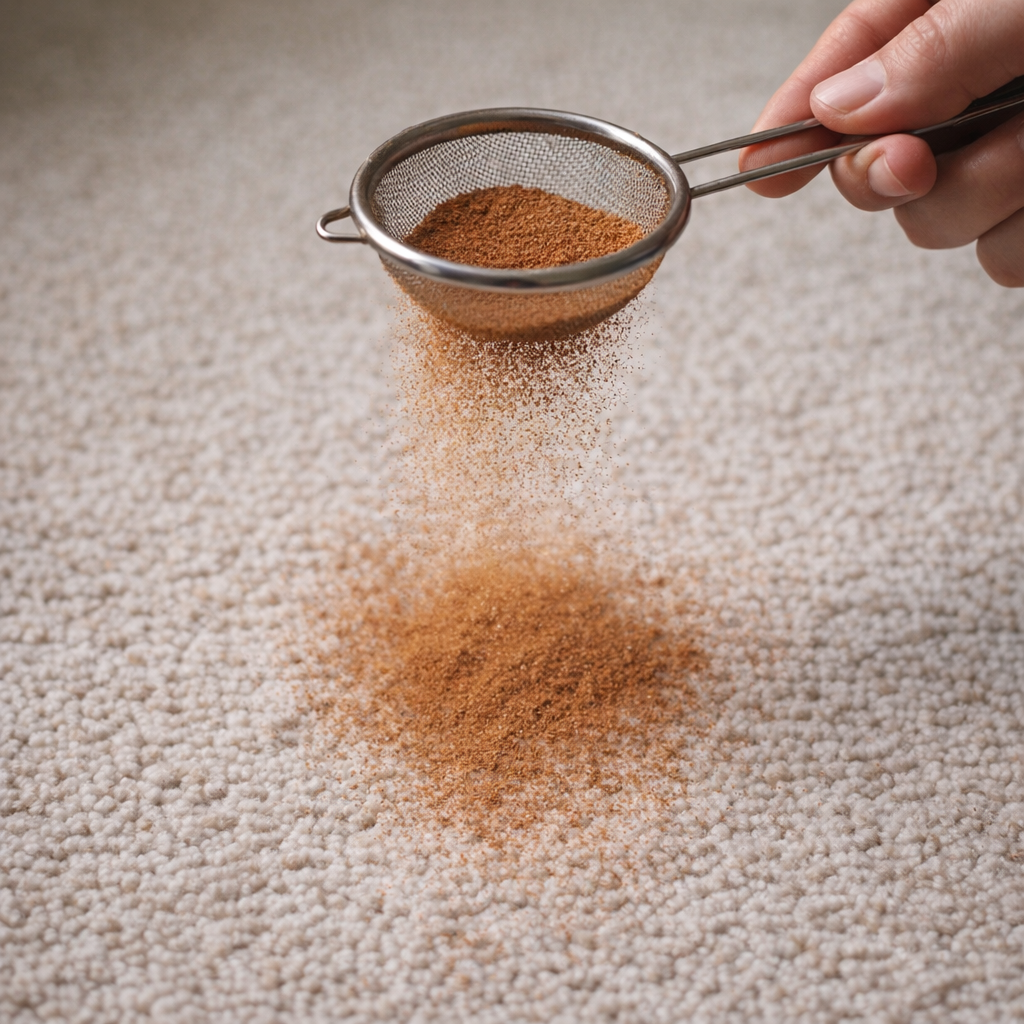 Cinnamon being sifted over carpet with a small sieve