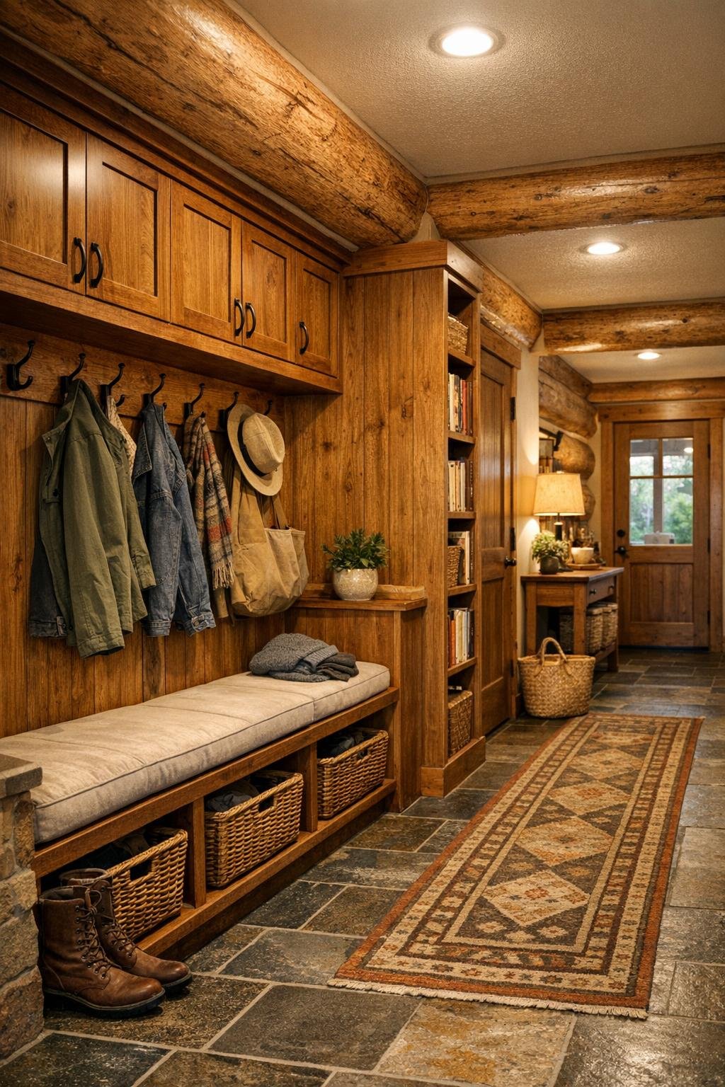 Mudroom and hallway area with built-in bench, storage hooks, and warm cabin details