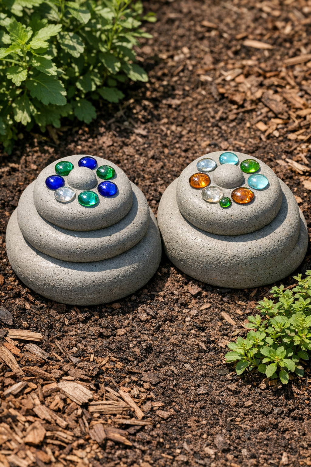 Finished pair of heavy tiered cement garden stones with glass gem details