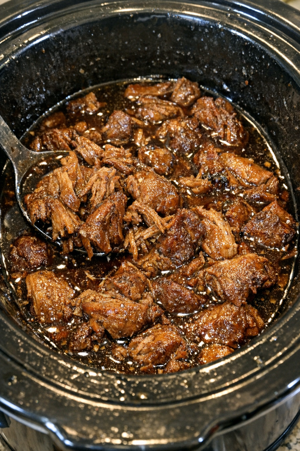 Slow cooker pork in dark amber sauce