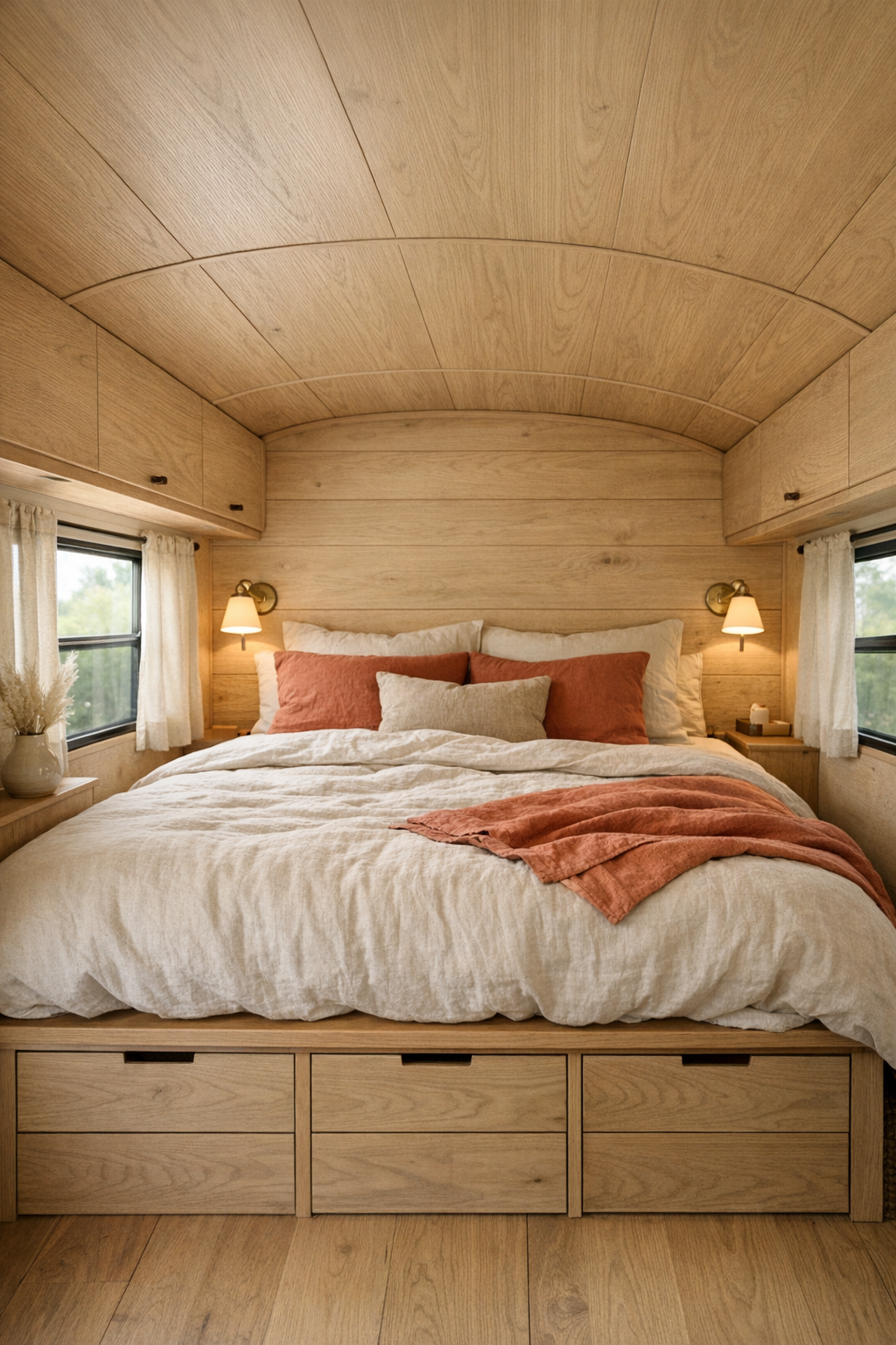 Peaceful converted bus bedroom with built-in bed and linen bedding