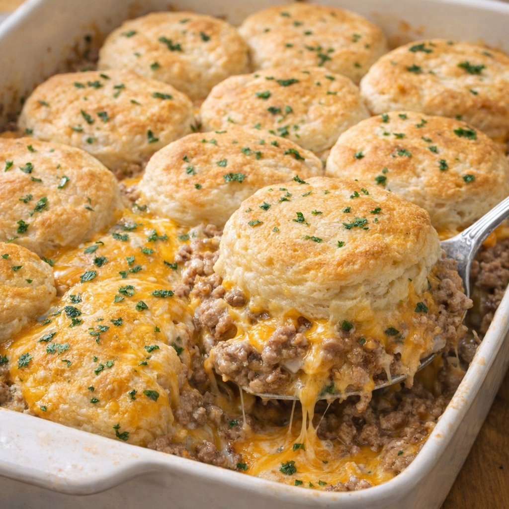 Cheesy variation of beef and biscuit bake