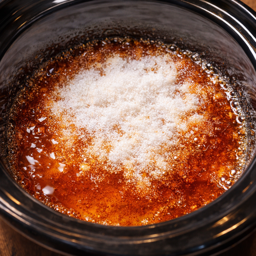 Sugar melting into caramel in the bottom of a slow cooker